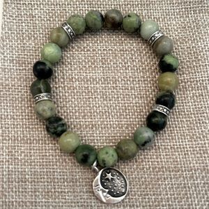🐲Chinese Green Opal Natural Stone Bracelet with Antique Silver Toned Moon/Stars
